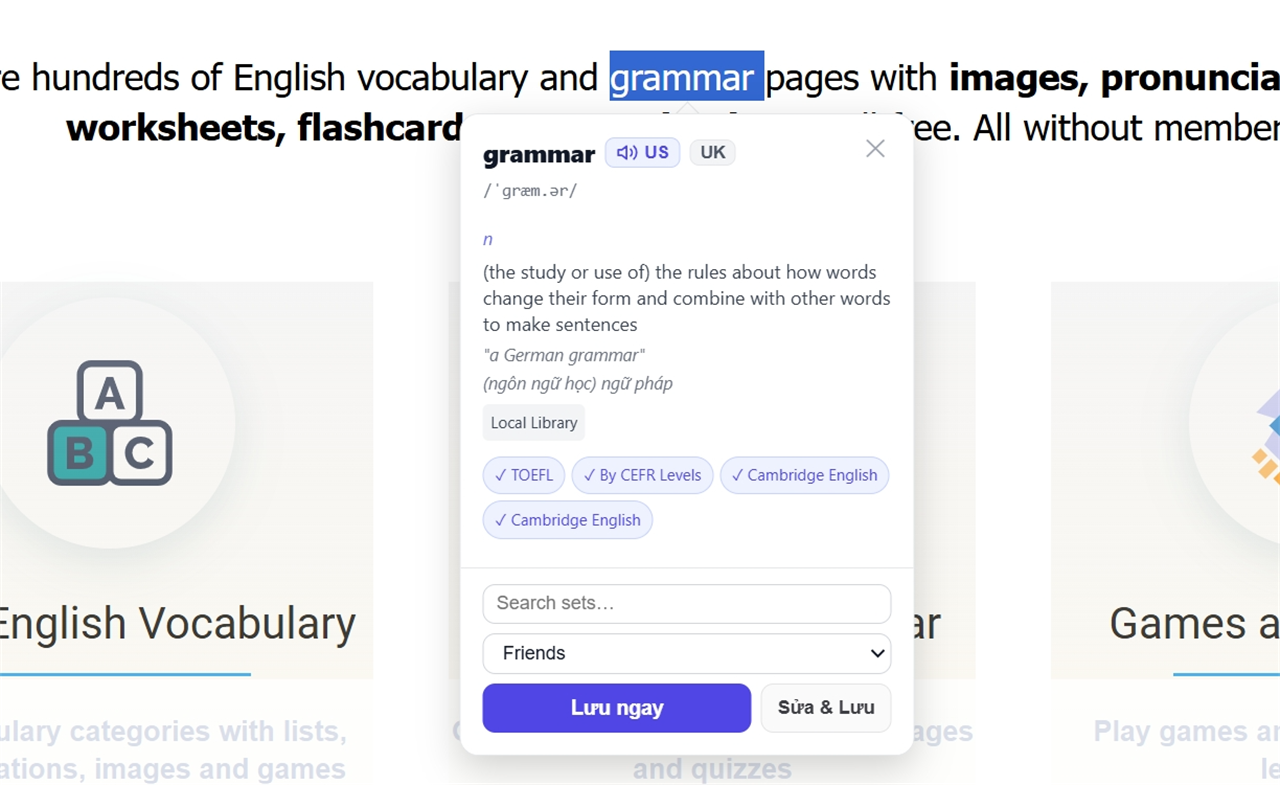 A word lookup card opened over a web page, showing the pronunciation, definition and a Save button.