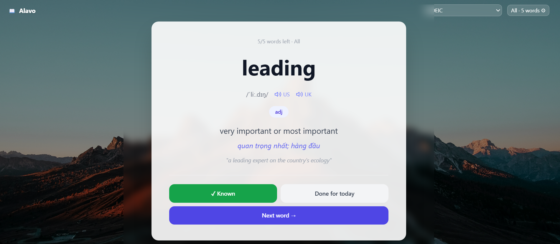The Alavo new tab page showing a vocabulary card for the word constraint, with pronunciation, definition, translation, an example sentence and buttons to mark it known or move to the next word.